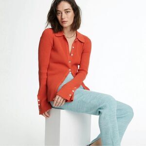 LE ORE BANDIER NEW Orange Ribbed Knit Rimini Button Down Cardigan Sweater Top